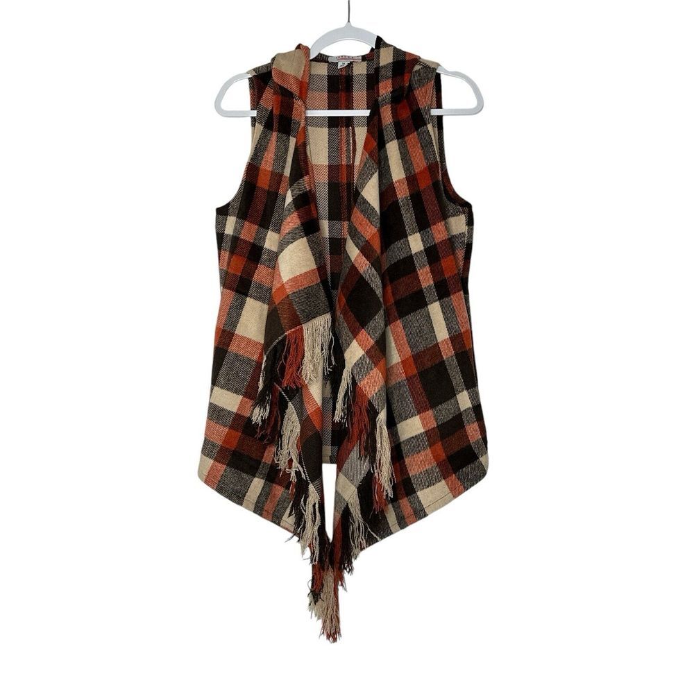 FAVLUX cardigan Women Medium Brown Plaid‎ Open Front  Hooded With Fringe Favlux